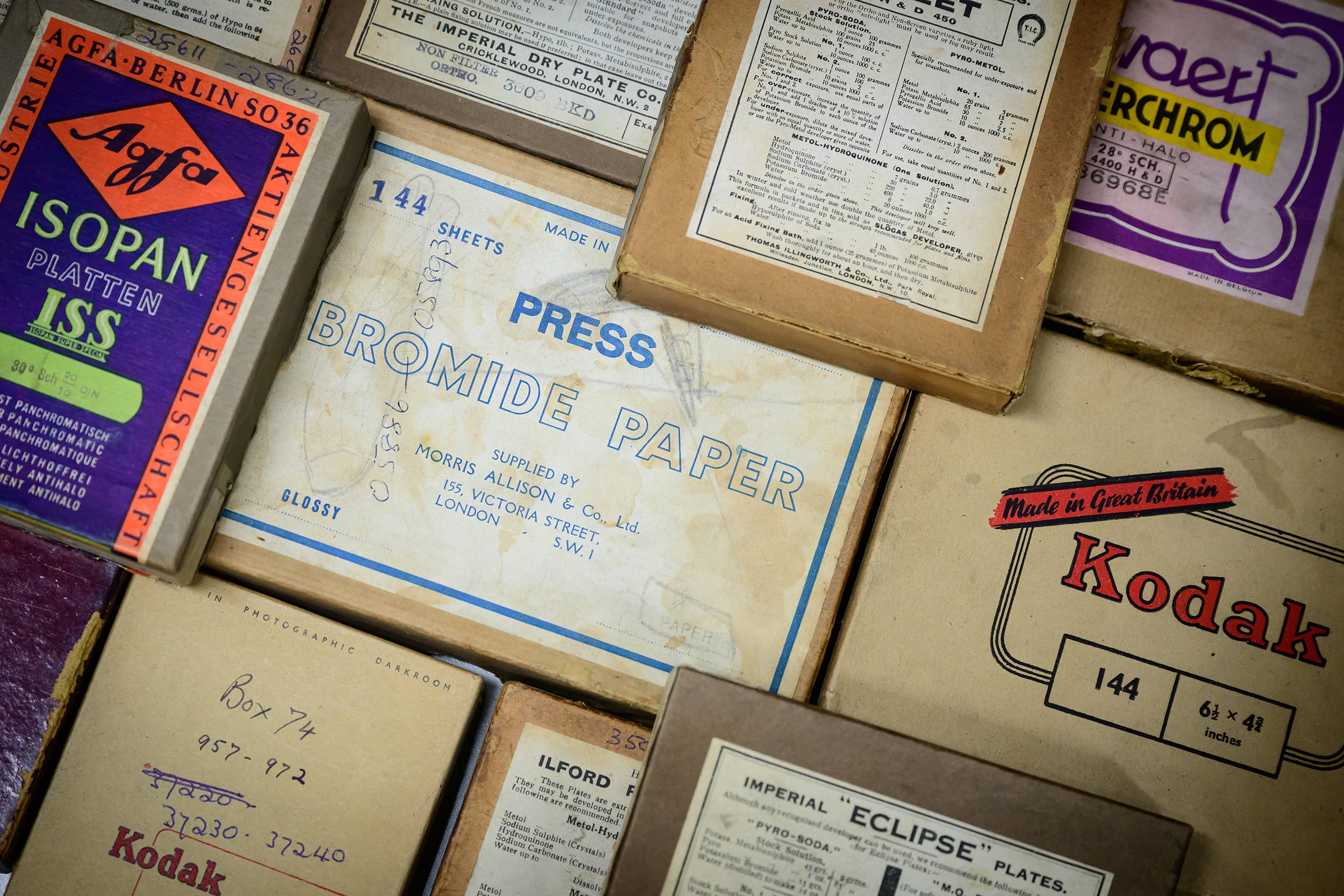 Vintage glass plate boxes with developer recipe labels at the Getty Images Hulton Archive, London, E16, 21st September 2023