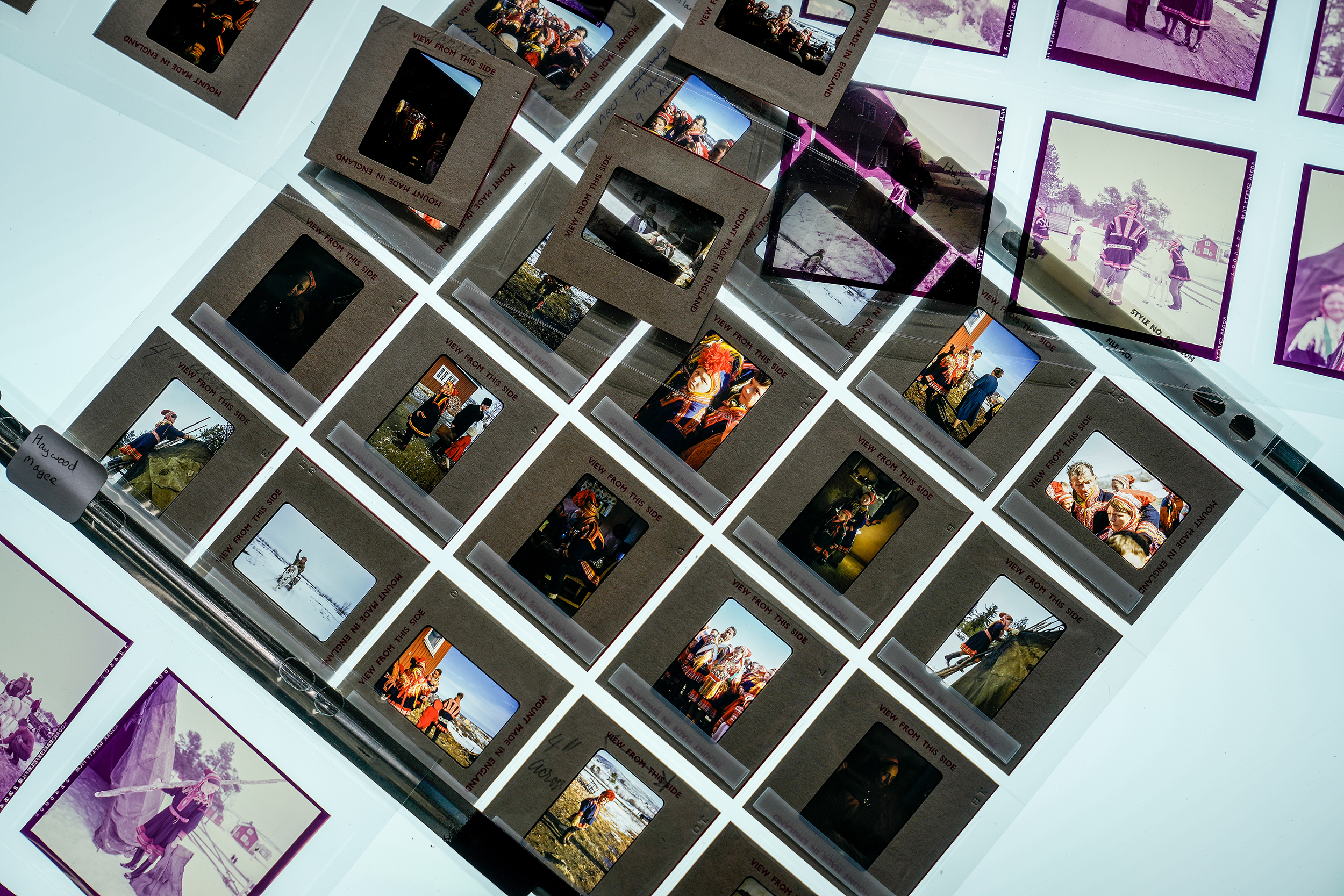 A sheet of mounted colour negatives on a lightbox at the Getty Images Hulton Archive, London E16, 12th September 2023