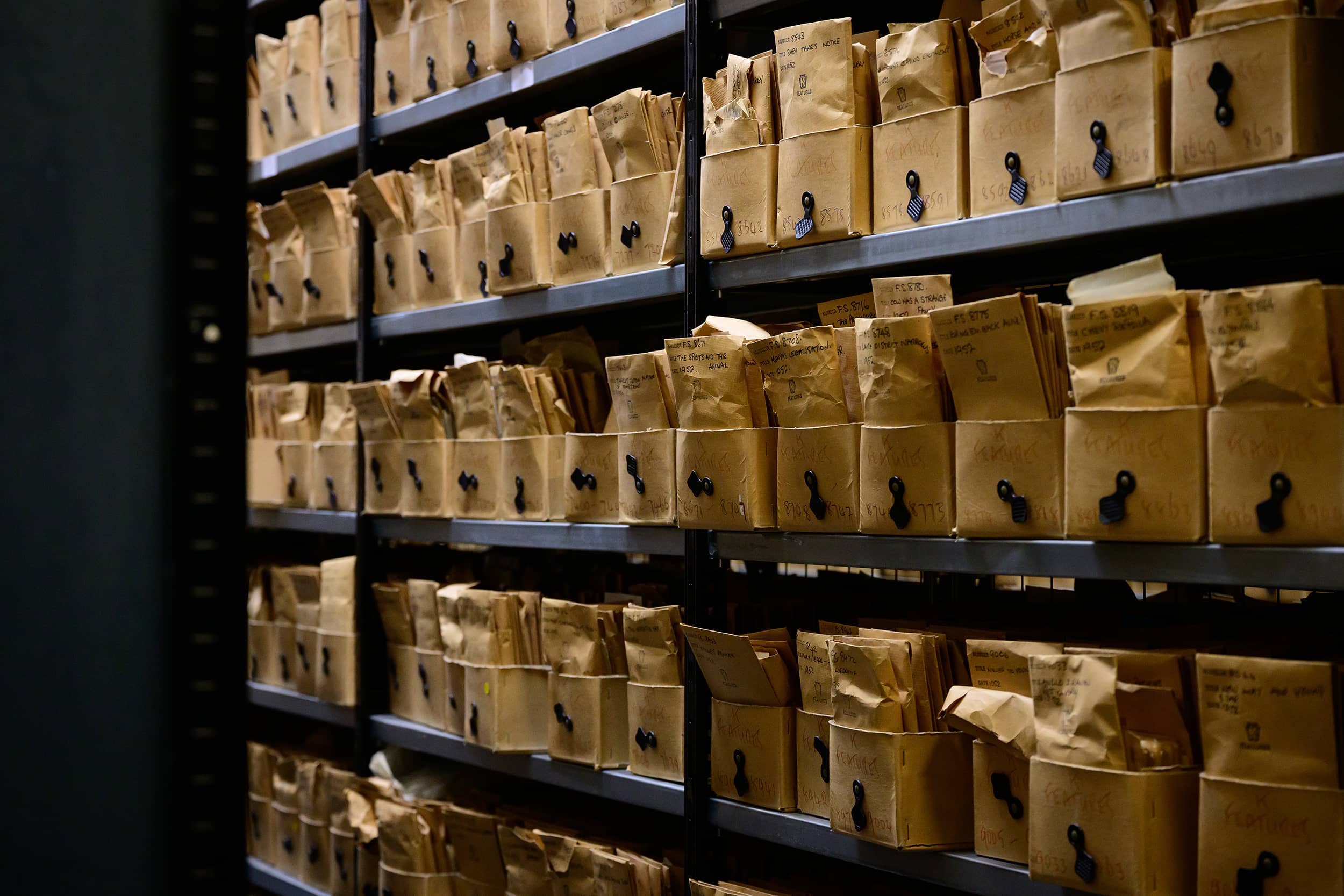 Shelves of Keystone Features packets which contain negatives and captions for various stories at the Getty Images Hulton Archive, London, E16, 21st September 2023