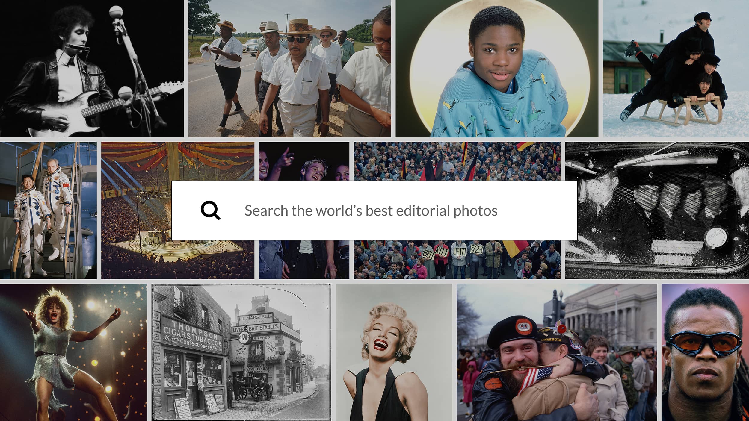 A grid of archival images and a searchbar input that says 'Search the world's best editorial photos'